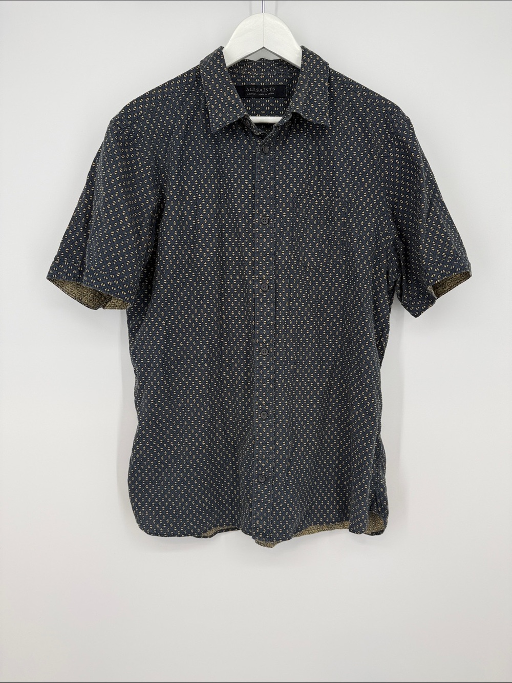 All Saints Short-Sleeve Navy Button-Down with Micro Dot Print